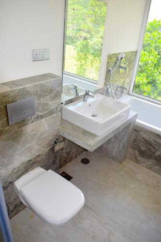 a bathroom with a white sink and a toilet at Flaming Tree Resorts in Kiriwan Eliya