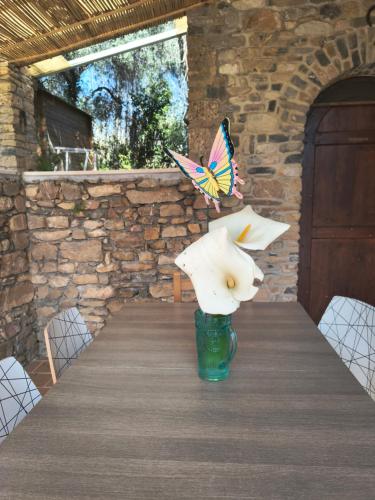 a table with two butterflies sitting on top of it at A Ca du Giaba in Cisano sul Neva