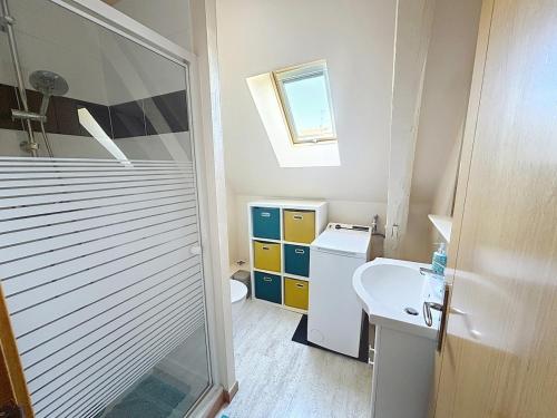 a bathroom with a shower and a toilet and a sink at La Maison des Hirondelles in Lachelle