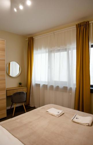 a bedroom with a bed and a window with a mirror at Little Bucharest downtown apartments Romana in Bucharest