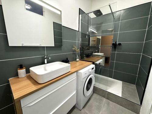 une salle de bain avec un lavabo et une machine à laver dans l'établissement Appartement de 3 chambres, parking gratuit, proche métro, à Oullins