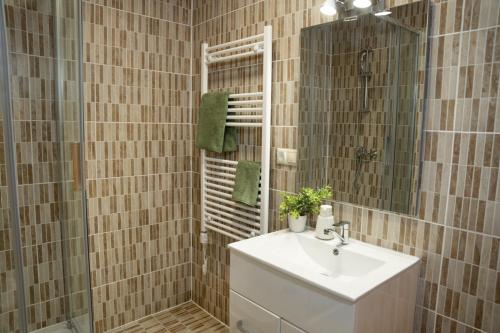 a bathroom with a sink and a mirror at Kapcsolj ki Wellness Apartmanház Demjén in Demjén