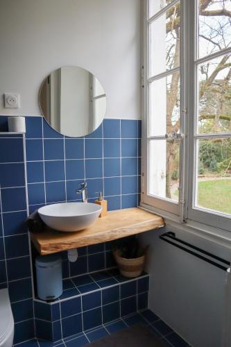 La salle de bains est pourvue de carrelage bleu, d'un lavabo et d'un miroir. dans l'établissement Manoir de la Plume, à Saint-Sébastien-sur-Loire