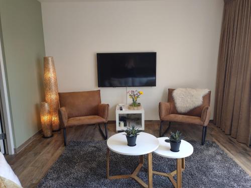 a living room with two chairs and a tv at Aan't Strand Bed by the Sea Adults only in Westkapelle