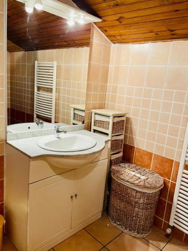 une salle de bain avec un lavabo et un miroir dans l'établissement Charmante maison authentique, proche bassin, à Arès