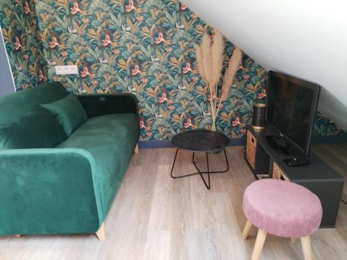 a living room with a green couch and a pink stool at Appartement cosy 1 chambre Saint-Malo in Saint Malo