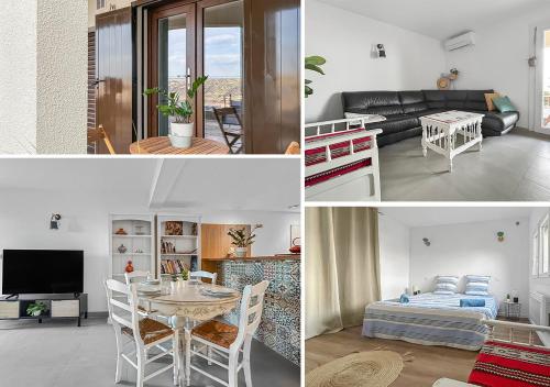 un collage de photos d'un salon et d'une salle à manger dans l'établissement Appartement spacieux & vue imprenable, à Saint-Laurent-du-Var