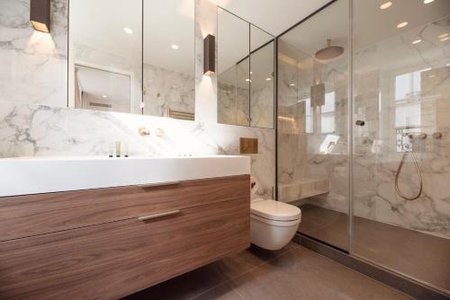 une salle de bain avec un lavabo, des toilettes et une douche dans l'établissement Appartement de luxe d'une chambre à proximité du Louvre III, à Paris