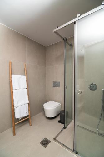 a bathroom with a toilet and a glass shower at Sevene Villas - Kourouta Peloponnese in Petroúlai