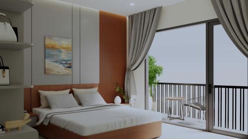 a bedroom with a bed and a balcony at SKY Homestay in Hue