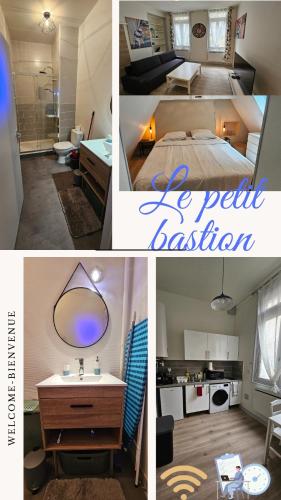 un collage de photos d'une chambre et d'une salle de bains dans l'établissement Le petit bastion - T2 - Wi-Fi, à Montluçon