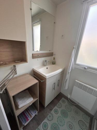ein Badezimmer mit Waschbecken und Spiegel in der Unterkunft Mobilhome Calme 6 Personnes Camping Pierre Couché in Saint-Brevin-les-Pins