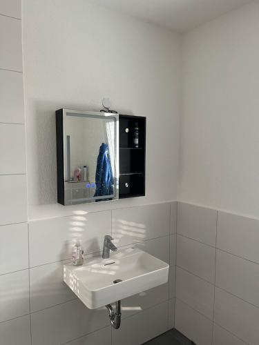 a white bathroom with a sink and a mirror at Bifi 55 in Aalen