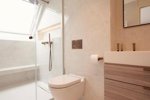 une salle de bain blanche avec toilettes et douche dans l'établissement Stylish Triplex with Amazing Terrace near Louvre, à Paris