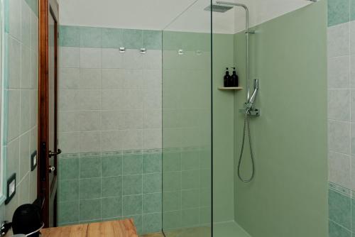 a bathroom with a shower with a glass door at B&B Tiscali in Dorgali