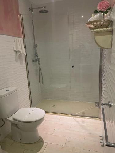 a bathroom with a shower with a toilet and a glass door at Hosteria Las Fuentes in Rubayo