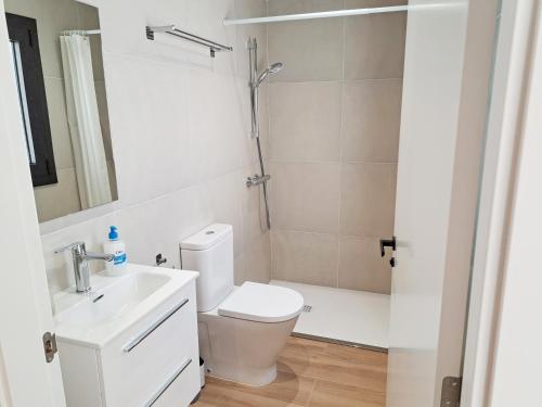 Un baño con inodoro, lavabo y ducha. en Casa Rural Terradets, en Tremp