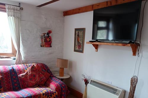 a living room with a couch and a flat screen tv at Inviting 2-Bed Cottage in Newcastle Emlyn in Newcastle Emlyn