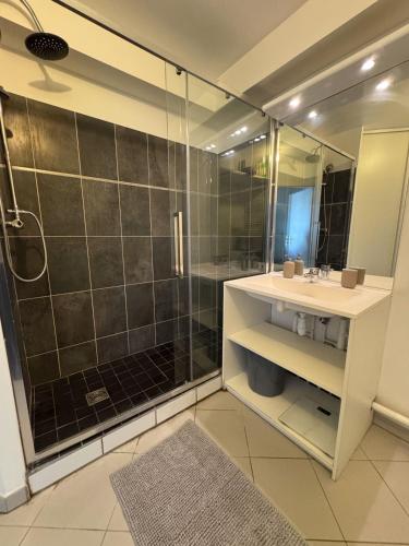une salle de bain avec une douche, un lavabo et un miroir dans l'établissement House Novo Appt 15min from Central Paris, à Aulnay-sous-Bois