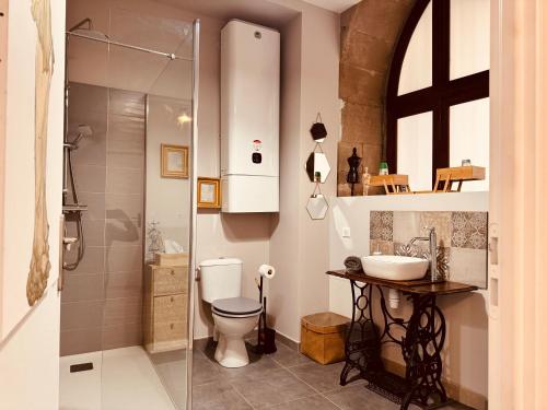 une salle de bain avec toilettes, lavabo et douche dans l'établissement Le Tailleur, centre historique, fibre, climatisation, ESS, rez-de-chaussée, BedinShop, à Romans-sur-Isère