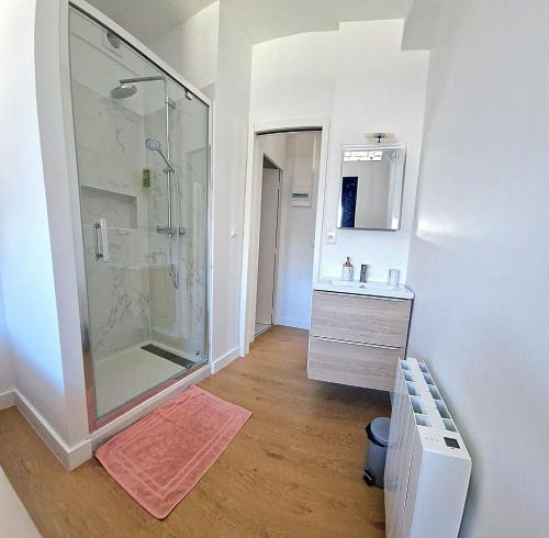 une salle de bain avec douche et lavabo dans l'établissement Les bons Enfants 5, à Rouen