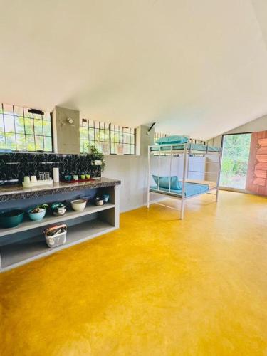 a room with a yellow floor and shelves with plants at Aloha Farm Dormitory in Auroville