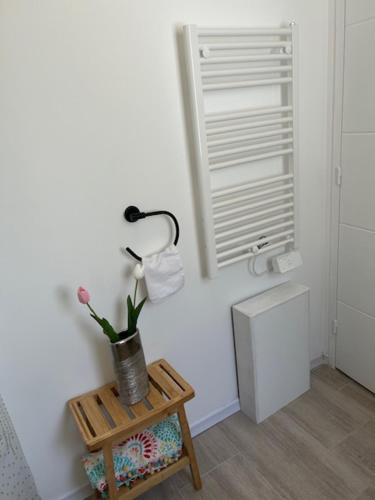 a room with a table with a potted plant and a window at Ker-Ysa Finistère in Plomodiern