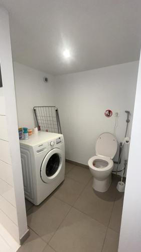 une salle de bain avec machine à laver et toilettes dans l'établissement Les chambre de Marie Appartement Rez de chaussé, à Didenheim