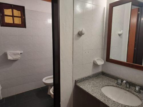 a bathroom with a sink and a toilet and a mirror at Green House in Villa General Belgrano