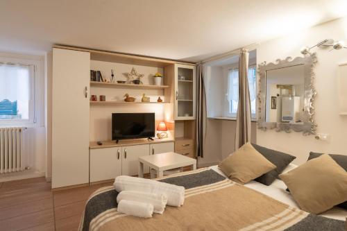 ein Wohnzimmer mit Bett und Fernseher in der Unterkunft Bellano Studio 2 in Bellano