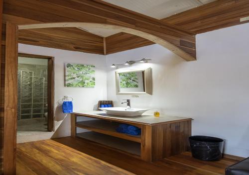 a bathroom with a sink on a wooden counter at 3BR Home Near Beach, Pool, Local Vibes in Manzanillo