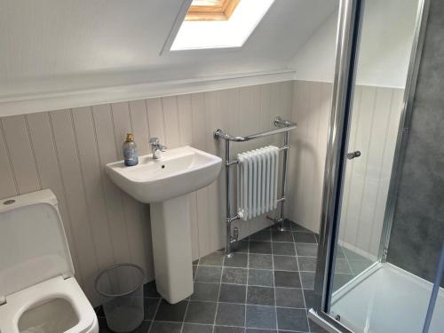 a bathroom with a sink and a shower and a toilet at The old Farmhouse Minutes from lochness in Drumnadrochit