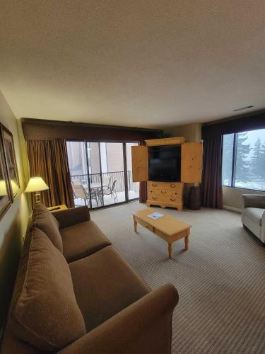 a living room with a couch and a tv at Valleyview Swing & Stay in Traverse City