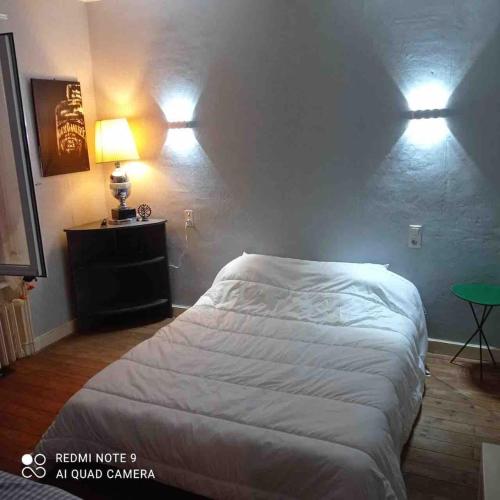 - une chambre avec un lit et deux lumières sur le mur dans l'établissement Villa Fenouil, à Binic