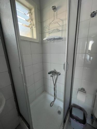 a shower in a bathroom with a glass door at Cabañas Campestres Inés in Chillán