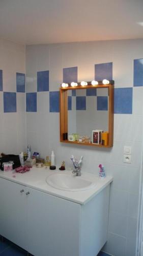 a bathroom with a sink and a mirror at 36 rue Saint Nicolas Barfleur jardin clos 30m Port in Barfleur