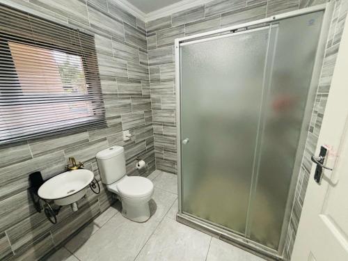 a bathroom with a toilet and a shower at Dulelo Guest House Gaborone in Gaborone