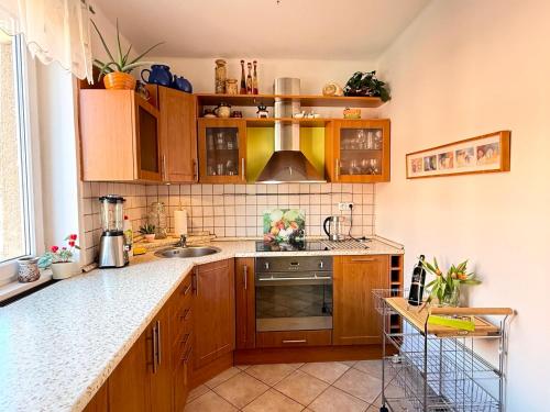 a kitchen with wooden cabinets and a sink at Cozy apartment steps from the spa fountain in Poděbrady