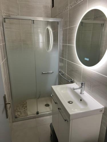 une salle de bain avec une douche, un lavabo et un miroir dans l'établissement Résidence Estany, au Barcarès