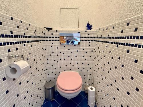 a bathroom with a pink toilet and black and white tiles at Cozy apartment steps from the spa fountain in Poděbrady