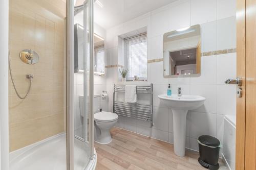 une salle de bain avec toilettes, lavabo et douche dans l'établissement Riverside Cottage 6 guests 4 adults max hot tub, à Backbarrow