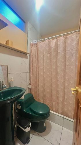 a bathroom with a green toilet and a shower at Cosy flat in the heart of Pisac with rooftop terrace in Pisac