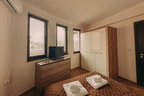 a bedroom with a bed and a tv and windows at Apartment Aria 5 in Velingrad