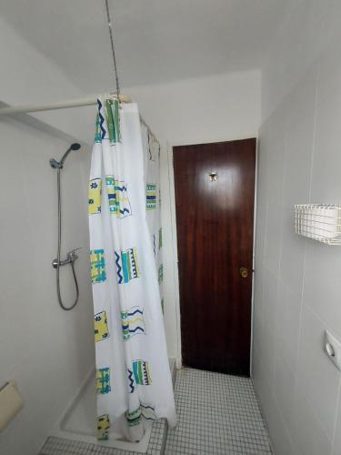 a bathroom with a shower curtain next to a door at Gasthaus Orsi in San Francesch
