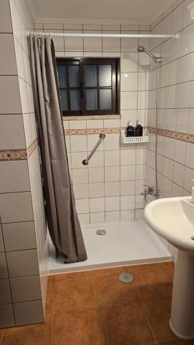 a bathroom with a shower and a sink at Hospetur 2 in Horta