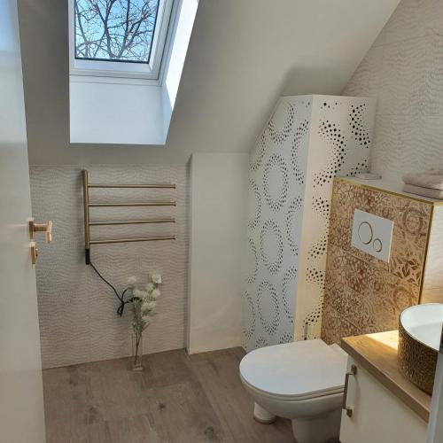 a bathroom with a toilet and a sink and a window at Mi Casa Sol in Mosonmagyaróvár