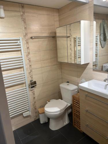 une salle de bain avec toilettes et lavabo dans l'établissement MARSEILLAN Ville, à Marseillan