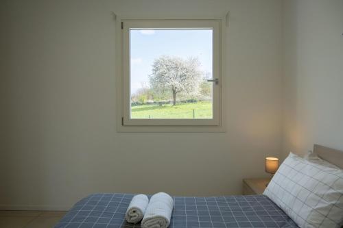 a bedroom with a bed with a window at La Rocca Terrazza in Darfo