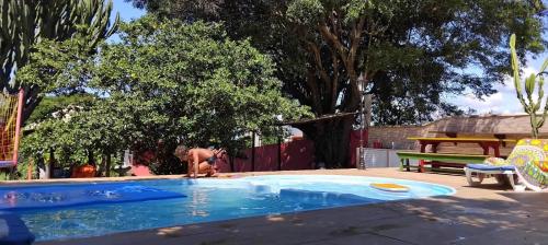 a person standing in a swimming pool in a yard at Refugio Namastê - Sheila in São Pedro da Aldeia