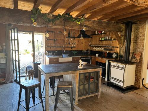 - une cuisine avec une table et un chien dans une chambre dans l'établissement Les Maholières, à Biziat